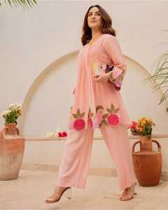 Ensemble Kurta et pantalon en coton rose brodé pour femme, coupe ample, longueur cheville, tenue décontractée style Inde Pakistan, tenue d'été - Product Image 3