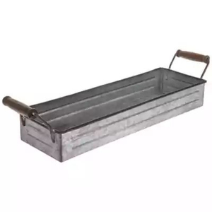 Farmhouse Style Galvanized Metal Rectangular Serving Tray With <b>Wooden</b> Handles Vintage Steel Organizer <b>Bin</b> For Home Decor Kitchen - Product Image 1