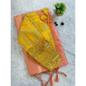 ส่าหรีผ้าไหมผ้าทอส่าหรีแต่งตะเข็บเสื้อพีช - Product Image 1