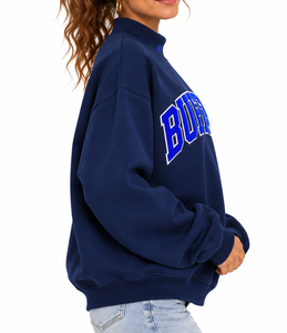 Wholesale Women’s Oversized <b>Mock</b> Neck Sweatshirt 100% Cotton Fleece Custom Applique Embroidery Pullover - Product Image 3