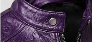 Veste en cuir gaufré violet de haute qualité pour homme, coupe ajustée, col montant, fermeture éclair - Product Image 3