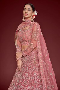 Ensemble de luxe Lehenga Choli en tulle rose poudré, broderie Zari et sequins épais, manches longues, tenue de mariage indienne et pakistanaise, Ghagra 3 pièces - Product Image 3