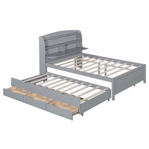 Full-Size Wooden <b>LED</b> Platform <b>Bed</b> with Trundle Storage Headboard Drawers Gray (Old SKU N820S00009E) - Product Image 5