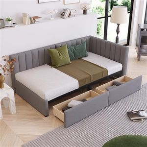 Gray Linen Fabric Twin Size Upholstered Daybed with 2 Storage Drawers Sofa Bed Frame No Box Spring Needed - Product Image 1