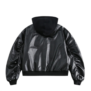 Blouson Bomber Homme Personnalisé en Cuir PU Formel Enduit Noir à Capuche Zippé Style Streetwear Fournisseur ODM - Product Image 2