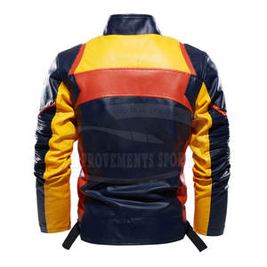 Veste de moto en cuir de couleur contrastée, légère, avec fermeture éclair complète, vestes de moto en cuir pour hommes - Product Image 3