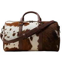 Bolsa de Viaje de Cuero Genuino de Primera Calidad, Color Marrón y Blanco, con Cierre de Cremallera y Asa Extensible, Hecha a Mano