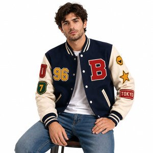 New Arrival Lettermen Jacket <b>Covered</b> <b>Button</b> Style Wool Fabric University Varsity Jacket Applique Regular Fit Turn-down Collar - Product Image 4