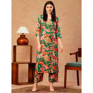 ชุดเสื้อกางเกงใส่ทำงานพิมพ์ลายดิจิทัลผ้าฝ้ายผสมดีไซน์เนอร์สีเขียว - Product Image 1