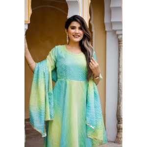 Robe trapèze en mousseline de soie pistache multicolore avec taille empire, en tissu Kota Doriya - Product Image 6