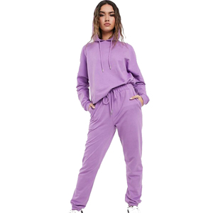 Ensemble de survêtement violet à capuche pour femme, manches longues, couleur unie, coupe décontractée ample avec poches latérales et taille à cordon, idéal pour l'automne - Product Image 1