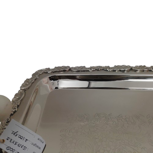 Plateau de service carré en acier inoxydable de style vintage, motif floral en relief, bords sculptés ornés, poignées en marbre blanc - Product Image 4