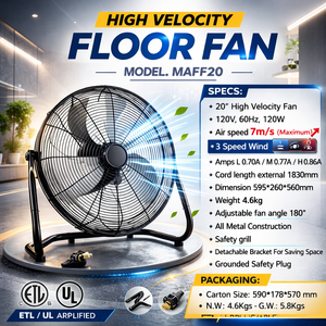 Ventilador Industrial de Piso de 20 Pulgadas, Alta Velocidad, Ángulo Ajustable, Uso Comercial/Industrial, Eficiencia Energética Clase A++ - Product Image 5