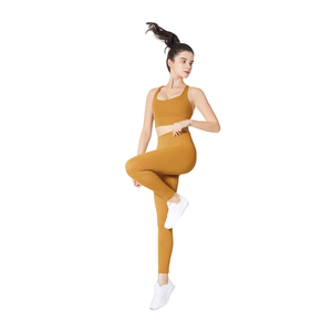 Women's Yoga Set Solid Color High Waist <b>Seamless</b> <b>Leggings</b> Crop Top Racerback Sportwear Full Length Mustard Yellow - Product Image 3