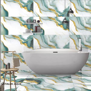 Azulejos de Porcelana Brillante de 600x1200mm, Azul Aqua con Vetas Doradas, Diseño Bookmatch GVT PGVT, para Pisos y Paredes - Product Image 1