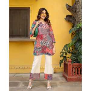 Conjunto de Kurta Corta Transpirable de Crepé con Parches Variados para Mujer, Talla XS, con Mangas Tres Cuartos - Product Image 2