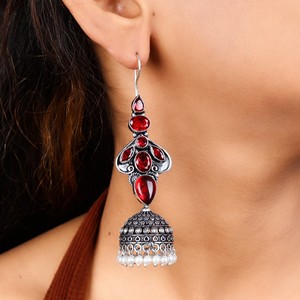 Trusted Supplier Oxidized Silver <b>Red</b> Stone Indian Jhumka <b>Earrings</b> for Women Bulk Supplier - Product Image 2