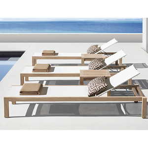 Chaise longue d'extérieur minimaliste en teck avec dossier réglable et tissu en toile, transat moderne pour piscine et jardin, profil bas - Product Image 6
