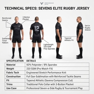 Camiseta de Rugby Personalizada, 92% Poliéster, 8% Elastano, Corte Profesional para Partidos, Uniforme para Equipos de Siete, OEM/ODM - Product Image 5