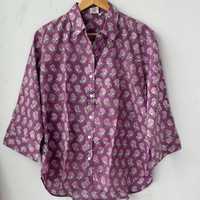 Chemise boutonnée en coton tissé à imprimé floral violet pour femme, manches longues, coupe ample, décontractée, printemps-été, avec logo sur le devant