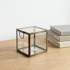 Square Glass Jewelry Box With Brass Frame Ring Handle Minimalist Storage Organizer For <b>Bedroom</b> <b>Vanity</b> - Product Image 4