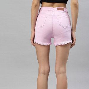 <b>Women's</b> High Waist Pink Denim <b>Shorts</b> With <b>Black</b> Animal Print Distressed Hem Five Pocket Casual Style - Product Image 4