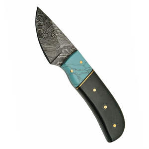 Cuchillo de caza hecho a mano de acero de Damasco con mango de turquesa y funda de cuero, hoja de punta caída y filo recto. - Product Image 2