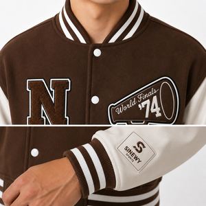 Men's Brown Varsity <b>Jacket</b> With Embroidered N Logo And Patch Preppy Style Turn-down Collar Cotton Material - Product Image 5
