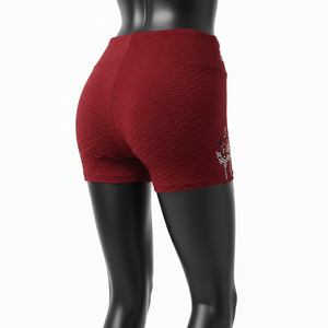 Shorts de tela texturizada roja de poliéster y spandex de 240 GSM premium, suaves y elásticos, con detalle de logotipo con pedrería. - Product Image 5