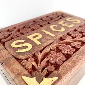 Handmade Vintage Wooden Spice <b>Box</b> with Brass Inlay Hand-Carved Floral Storage <b>Box</b> Rustic Kitchen, Collectible Wooden Home Accent - Product Image 4