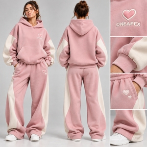 Women's <b>Pink</b> White Oversized Hoodie <b>Tracksuit</b> Set Casual Sportswear Sweatshirt Wide Leg Jogger Pants Two Piece Outfit - Product Image 2