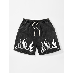 Black <b>Flame</b> Print Cotton T-<b>Shirt</b> Set Casual Summer Outfit Breathable Knitted Two-Piece Short Sleeve With Shorts - Product Image 2