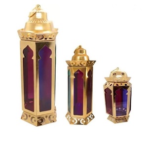 Royal Style Moroccan Gold <b>Metal</b> <b>Lantern</b> Set 3 Candle <b>Lantern</b> With Colored Glass Indoor Outdoor Decorative <b>Lantern</b> for Home Decor - Product Image 1