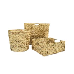 Notre ensemble de 3 pièces en jacinthe d'eau comprend 2 plateaux et 1 panier, tous écologiques et parfaits pour la décoration intérieure ou le stockage d'aliments secs. - Product Image 1