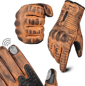 Guantes de Motociclismo de Invierno de Cuero Marrón Vintage, Forrados de Felpa, con Cierre de Cremallera, Compatibles con Pantalla Táctil, Protección Completa para los Dedos - Product Image 1