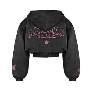 Sudadera con capucha negra con cremallera, estilo urbano oversize, de algodón French Terry, con logo rosa estampado frontal, manga regular, estilo invierno, unisex - Product Image 2