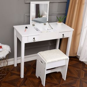 White Straight Feet Dresser with Flip Single <b>Mirror</b> and Double Drawers MDF <b>Makeup</b> Table for Bedroom and Living Room Use - Product Image 1