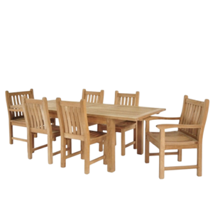 Cette table à manger 7 pièces est composée d'une table rectangulaire et de chaises à dossier à lattes en teck massif. - Product Image 3