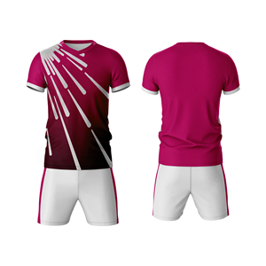 Ensemble de maillots de football sublimés pour hommes, col en V, manches courtes, respirant, en mesh, imprimé géométrique rose et blanc, coupe athlétique - Product Image 1