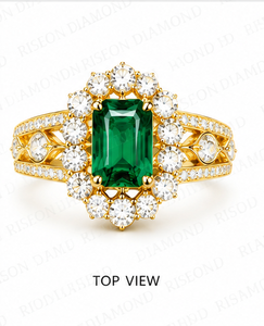Magnificent <b>statement</b> <b>ring</b> in 18K yellow gold with emerald cut green center stone halo of round diamonds and intricate shank det - Product Image 5
