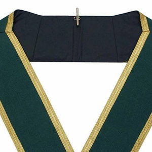 Custom Green V-Neck Masonic <b>Collar</b> Gold Trim Classical Design Sew-On Badge Garment - Product Image 2