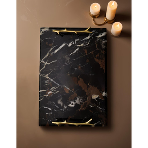 Plateau décoratif en marbre fait main avec poignées en métal doré pour table de chevet, comptoir, coiffeuse, décoration intérieure - Product Image 1