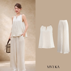 Women's 2 Piece Silk Raw <b>Set</b> Sleeveless Halter Top High Waist Wide Leg Pants Casual Matching Summer Vacation Outfit PURE - Product Image 1