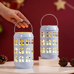 Charming Light Blue Metal <b>Lantern</b> With House Style Window Cutouts Features A Gold Interior And Handle For Cozy Holiday Lighting - Product Image 2