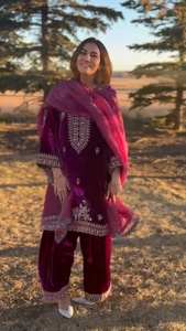 Front and Back Embroidered Velvet <b>Kurti</b> Palazzo Set with Twill Net Dupatta Elegant Fully Stitched Luxury Festive Party Wear - Product Image 2