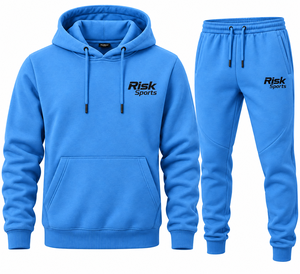 Ensemble jogging pour homme bleu, sweat-shirt à capuche 100% coton avec pantalon de jogging à poches, vêtements de sport - Product Image 1