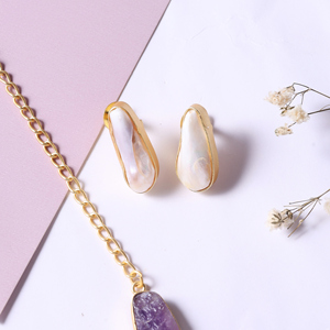 Handcrafted Gold Plated Oval Pearl <b>Stud</b> <b>Earrings</b> Vintage Resin Statement <b>Earrings</b> Elegant Jewelry for Women - Product Image 3