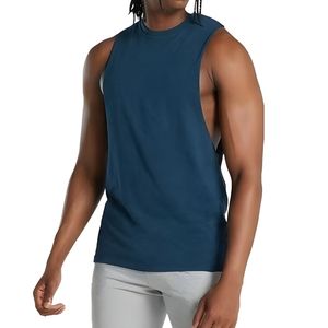 Camiseta sin mangas azul oscuro para hombre, camiseta muscular transpirable de algodón para entrenamiento en gimnasio, entrenamiento físico, ropa informal de verano - Product Image 1
