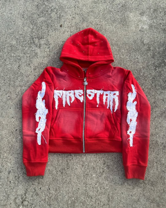 Sudadera con capucha de cremallera OEM ODM personalizada de 480 g/m² de alto gramaje, estilo streetwear, corte holgado y corto, con lavado ácido, efecto desgastado por el sol y pedrería. - Product Image 1