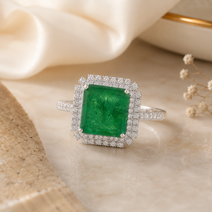 Natural Emerald Luxury Engagement <b>Ring</b> with White Zircons American Diamond Sterling Silver <b>Gold</b> Plated Square Cut <b>Cocktail</b> <b>Ring</b> - Product Image 3
